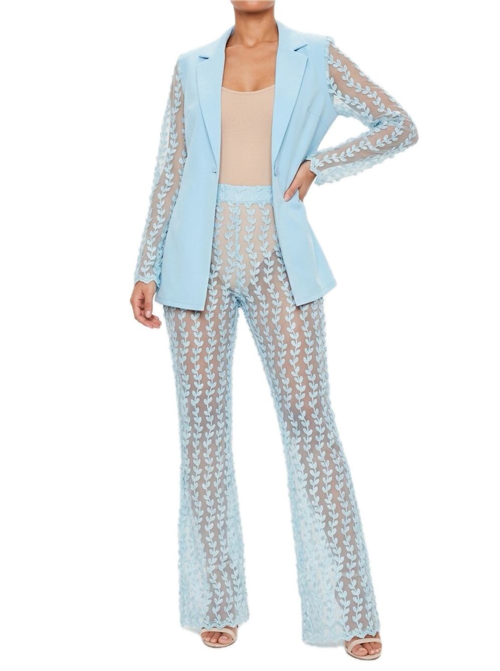 PrettyLittleThing Light Blue Sheer Mesh Flare Pants size 10 Blazer size 6 Set